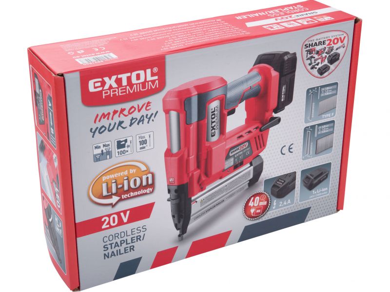 EXTOL PREMIUM Akumulátorová klincovačka / sponkovačka Share 20V, 1x 2Ah Li-ion, 2,4 A nabíjačka, klince 40 mm, spony 50 mm foto10